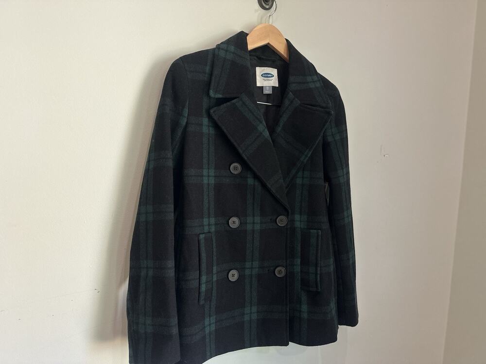 NWT Old Navy Black Green Tartan Plaid Peacoat Preppy Classic Double Breasted XS